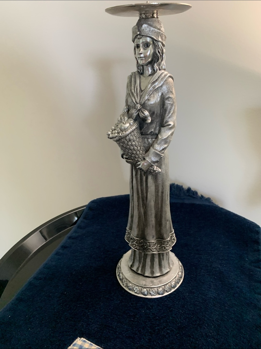 Pewter like Indian or Pilgrim Woman Figurine Candle Holder
